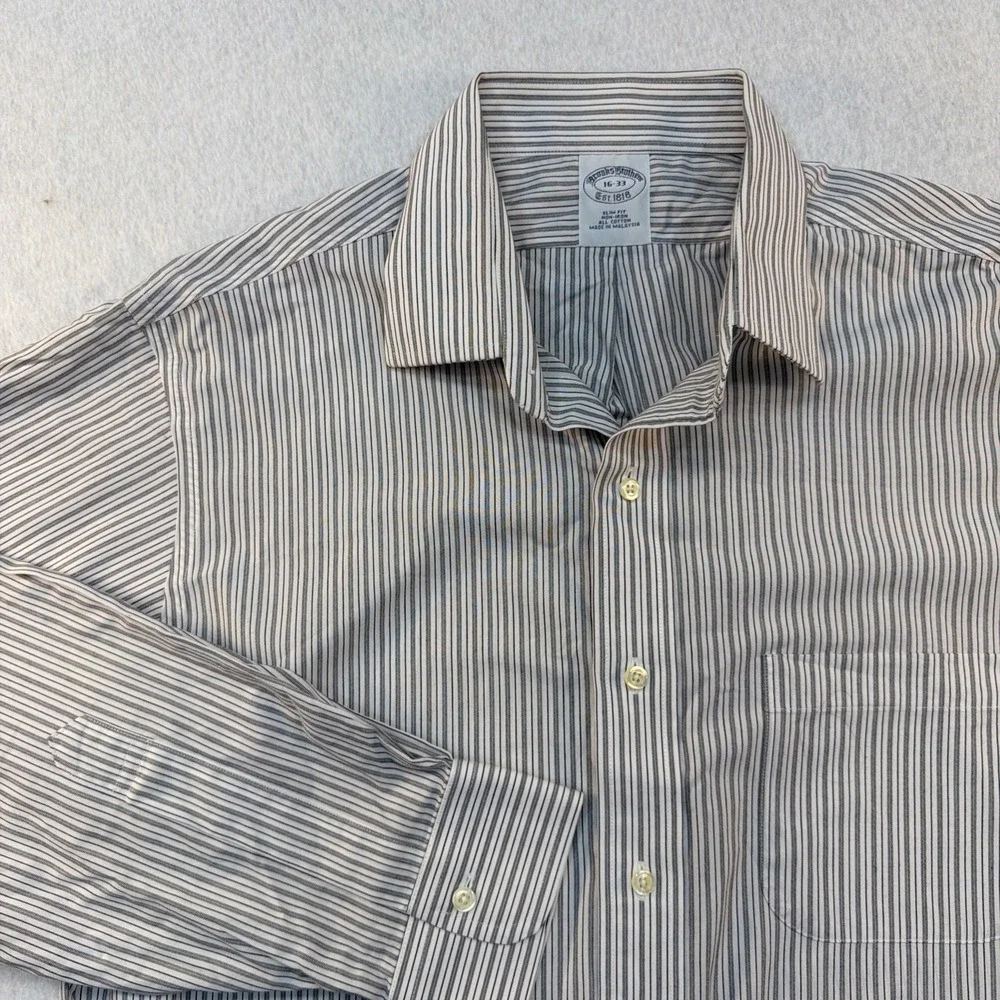 Brooks Brothers Dress Shirt Men 16/-33 Slim Fit Gray Stripes Cotton Non-Iron EUC